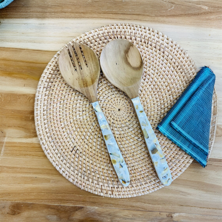 Set of salad servers with shell inlay handle