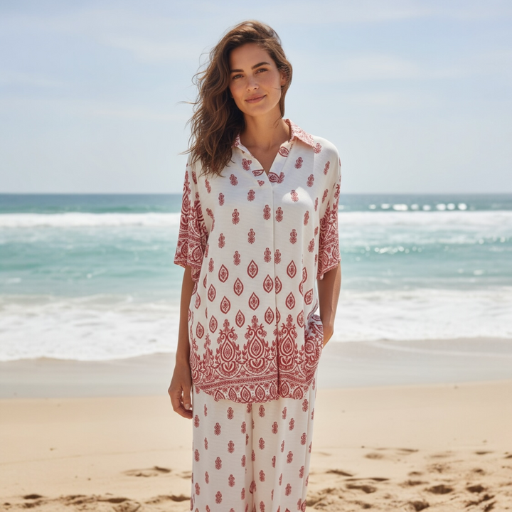 Santorini Sunset Set exclusive to Coastal Drift Home— relaxed red and white printed co-ord outfit, perfect for coastal summer style
