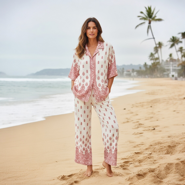 Woman wearing a red and white boho print rayon set on the beach, featuring a button-down shirt and wide-leg pants