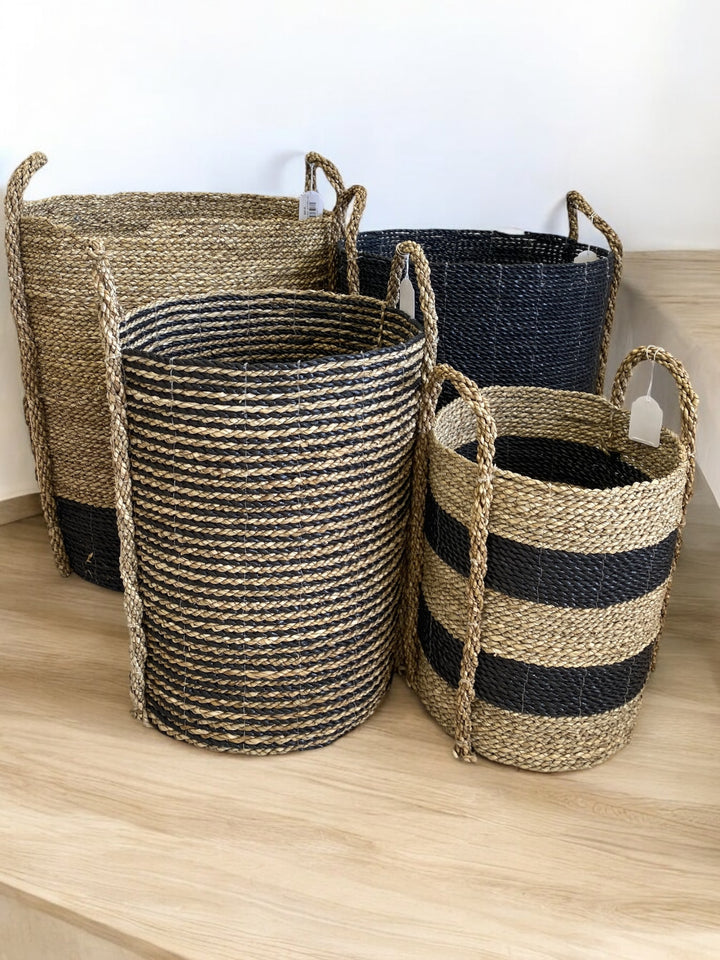 Decorative woven seagrass baskets with natural and black stripe finish, modern boho storage solution