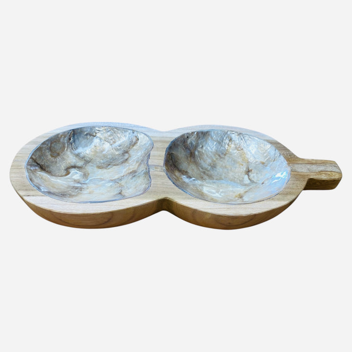 Teak wood serving dish with gilded pearl inlay