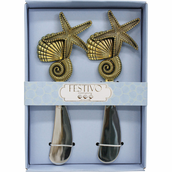 Pair of decorative servers with starfish and shell design in a gift box