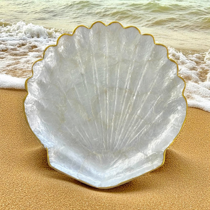 Elegant mother of pearl scallop dish with gold trim – perfect coastal home décor or jewellery holder.