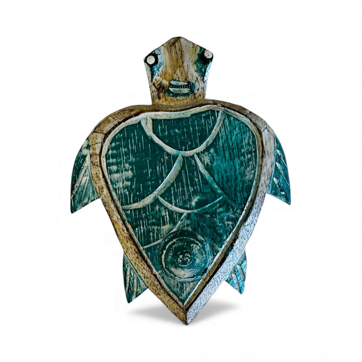 Handcrafted small wooden turtle wall hook in green, coastal beach house décor perfect for hanging keys, towels, or accessories.
