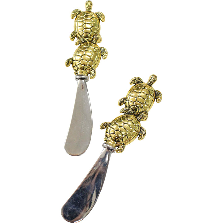 Gold turtle spreader set – metal kitchen spreaders with playful turtle handles, ideal for cheese boards, home entertaining, and unique gifts.