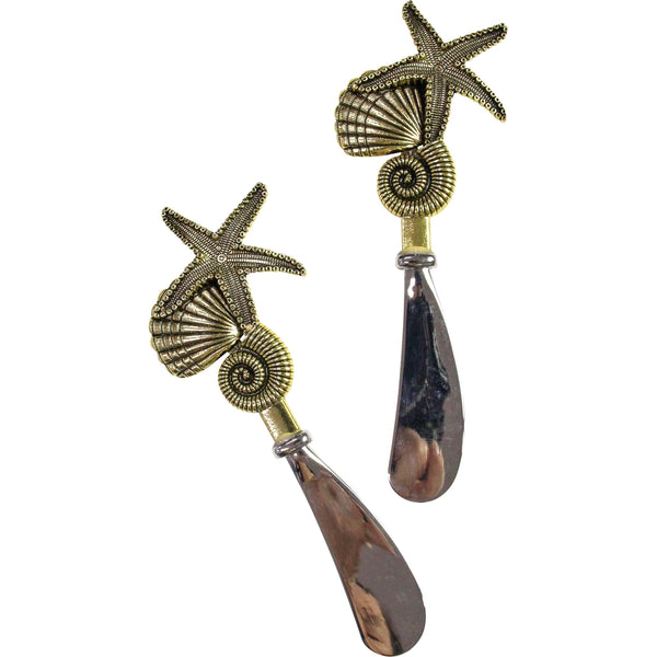 Gold shell and starfish spreader set – coastal-inspired metal cheese spreaders with luxe gold finish, ideal for beach décor, entertaining, and gifting