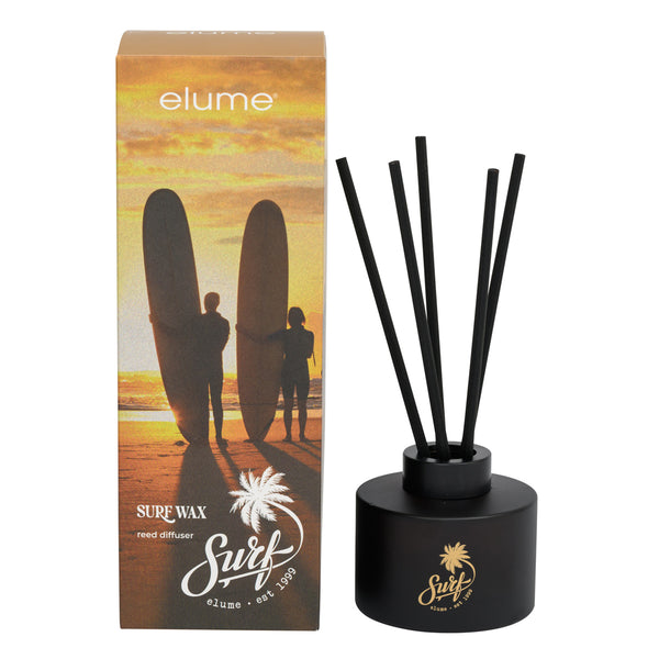 Surf Wax scented reed diffuser with fresh beach-inspired fragrance in coastal-style bottle