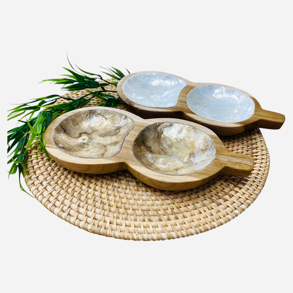 Teak condiment bowls inlayed with mother of pearl and gilded pearl