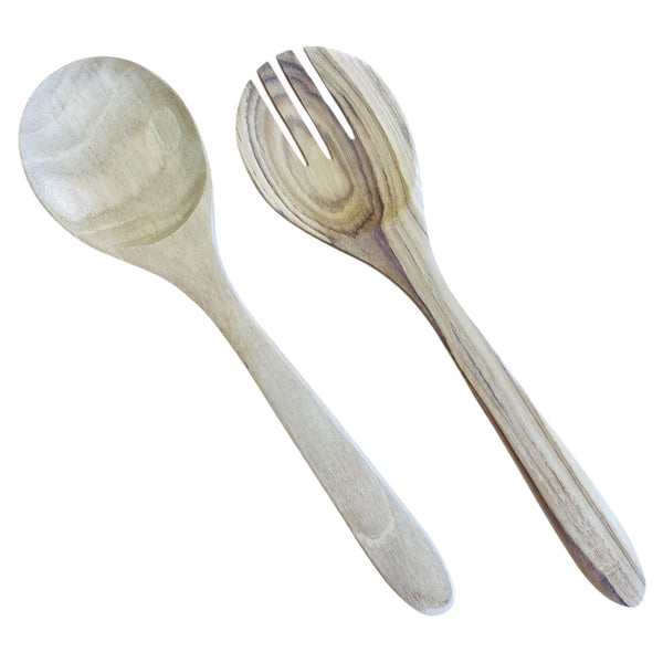 Wooden spoon and fork set on a white background
