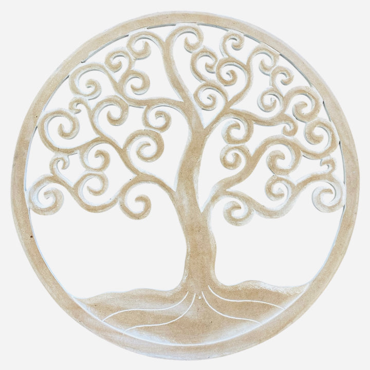 tree of life wall art in a white wash finish. Suited for indoors as a decorative piece