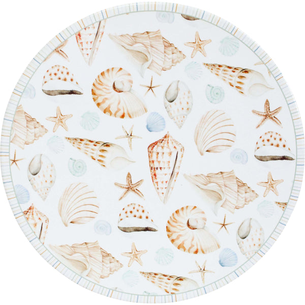 Round beach trivet or placemat with shell and starfish pattern on a white background
