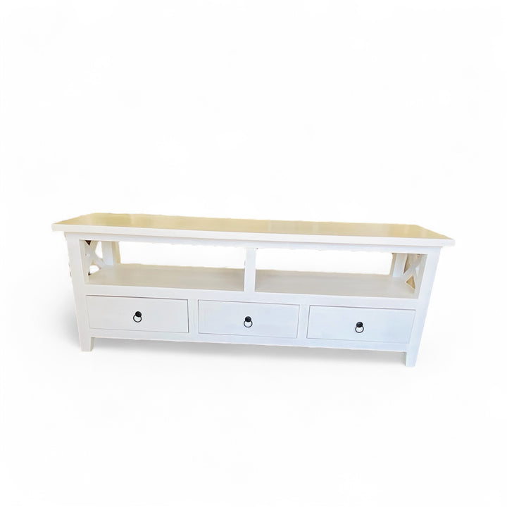 130cm long TV entertainment unit. White timber with 3 drawers and 2 shelves. Hand Crafted, no flatpack