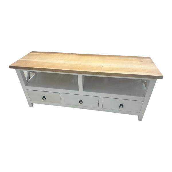 Mahogany timber entertainment unit with 3 drawers and 3 shelves. White with natural timber finish