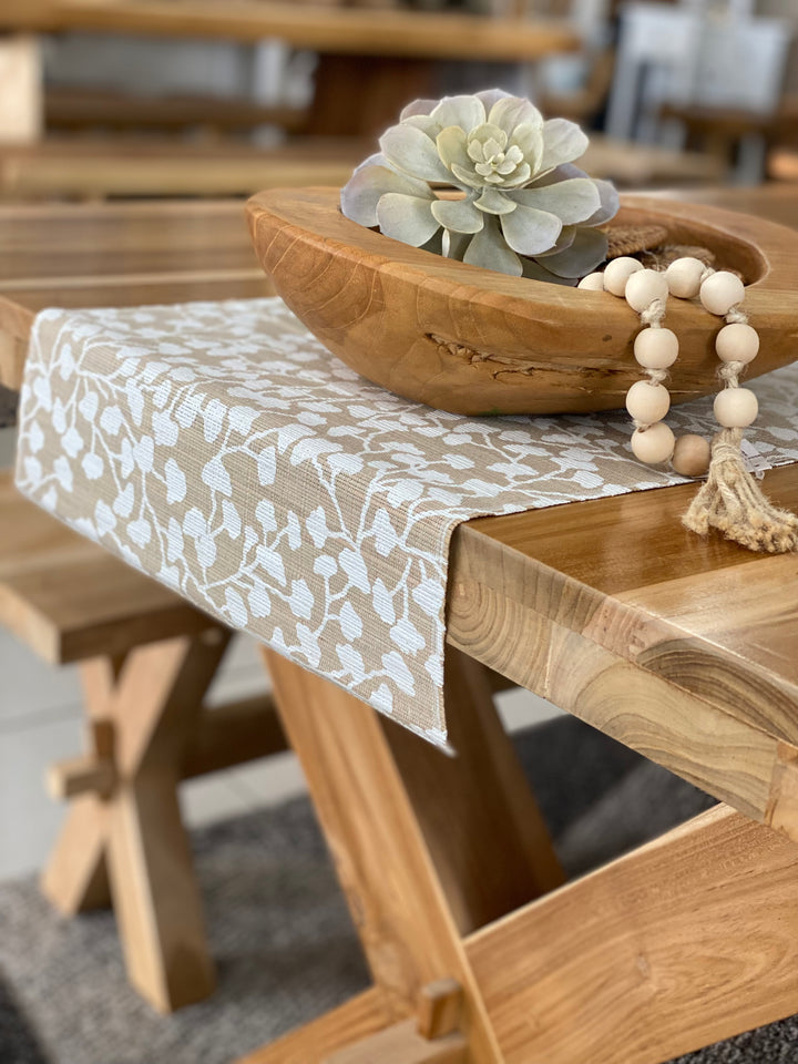 white floral table runner with neutral coloured background