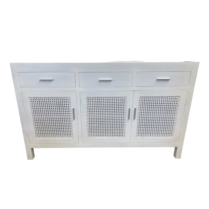 Mahogany timber painted white with natural mesh rattan inserts in the door, also painted white. 3 drawers, 3 doors. Hand crafted, not flatpacked