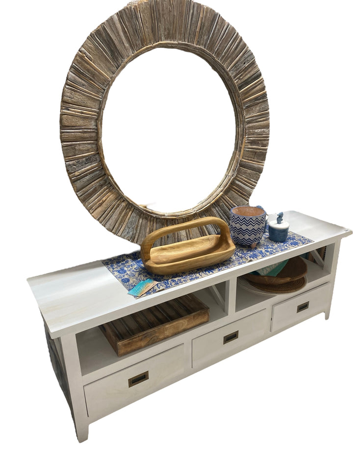 A mahogany timber entertainment unit with two side shelves and three drawers, featuring a classic design with a plain background.