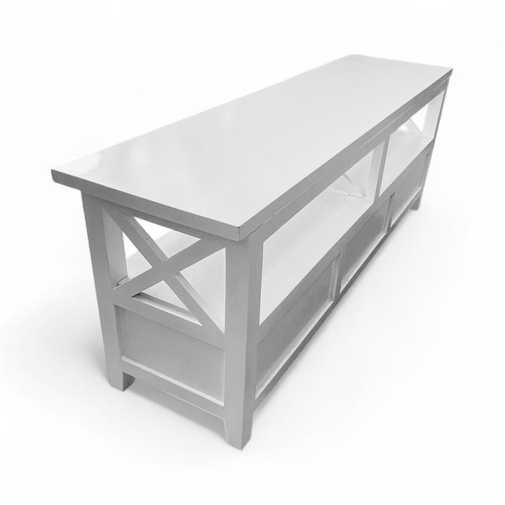 Back view of white timber entertainment unit