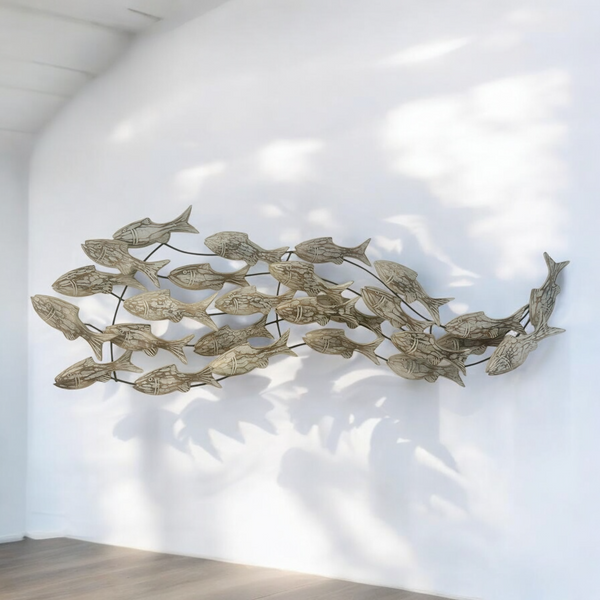 White wash fish wall hanging. Timber fish on metal black frame