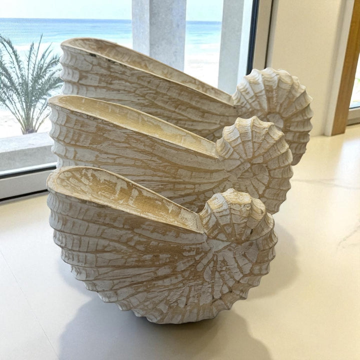 Decorative timber shell in a white wash finish available in 3 sizes for coastal themed home