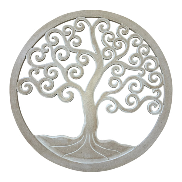 A round wall hanging featuring an intricate design of the Tree of Life symbol, predominantly in a beige or light color.