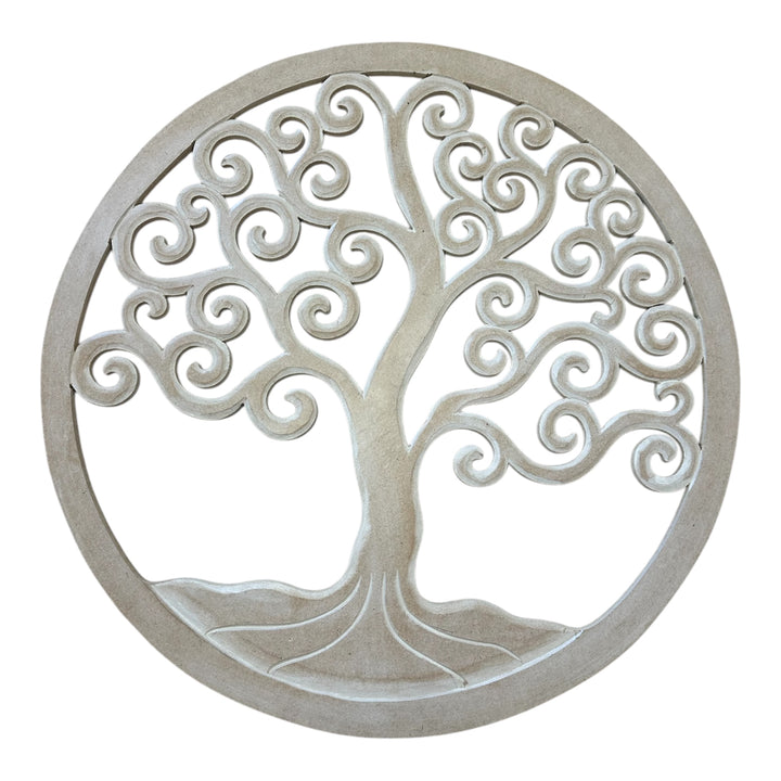 A round wall hanging featuring an intricate design of the Tree of Life symbol, predominantly in a beige or light color.
