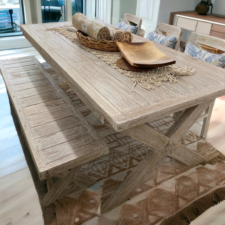 white wash x leg dining table in reclaimed hardwood timber. Suitable for indoors or outdoors, this table embraces coastal, boho or farmhouse styles
