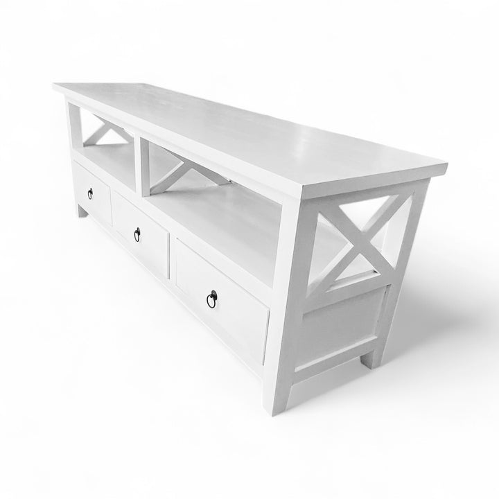 Solid white timber entertainment unit combining function and timeless design