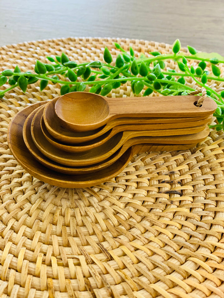 Set of wooden measuring spoons on a woven mat with greenery in the background