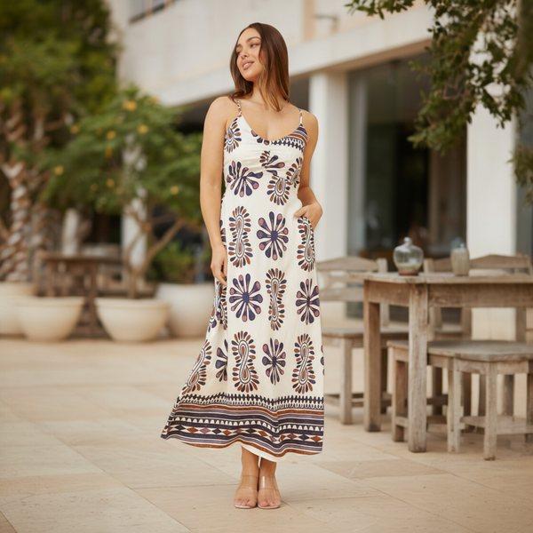 Woman wearing a cream boho-print maxi dress with adjustable straps and pockets, standing outdoors in a relaxed setting
