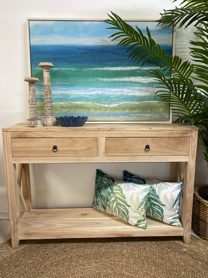 2 drawer console table in natural timber finish, perfect for entryways or living rooms