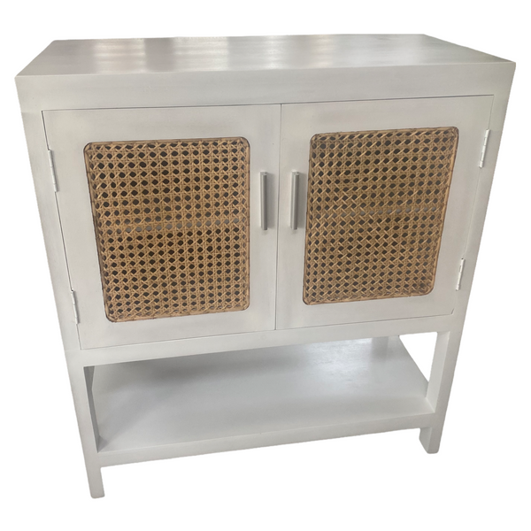 A white 2 door short cabinet with a mesh rattan front and mahogany timber construction, displayed against a plain background.