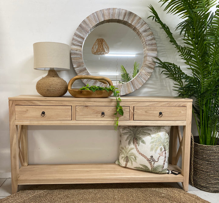 Natural 3 drawer, 150cm long timber console table