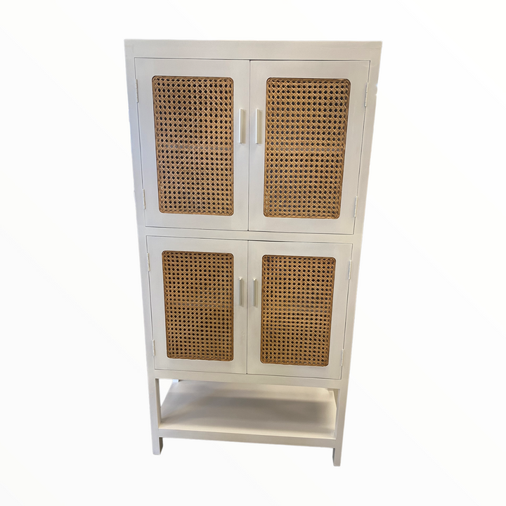 Handcrafted white timber cabinet with natural rattan mesh inlay doors, sustainable coastal furniture by Coastal Drift Home, Sunshine Coast Australia