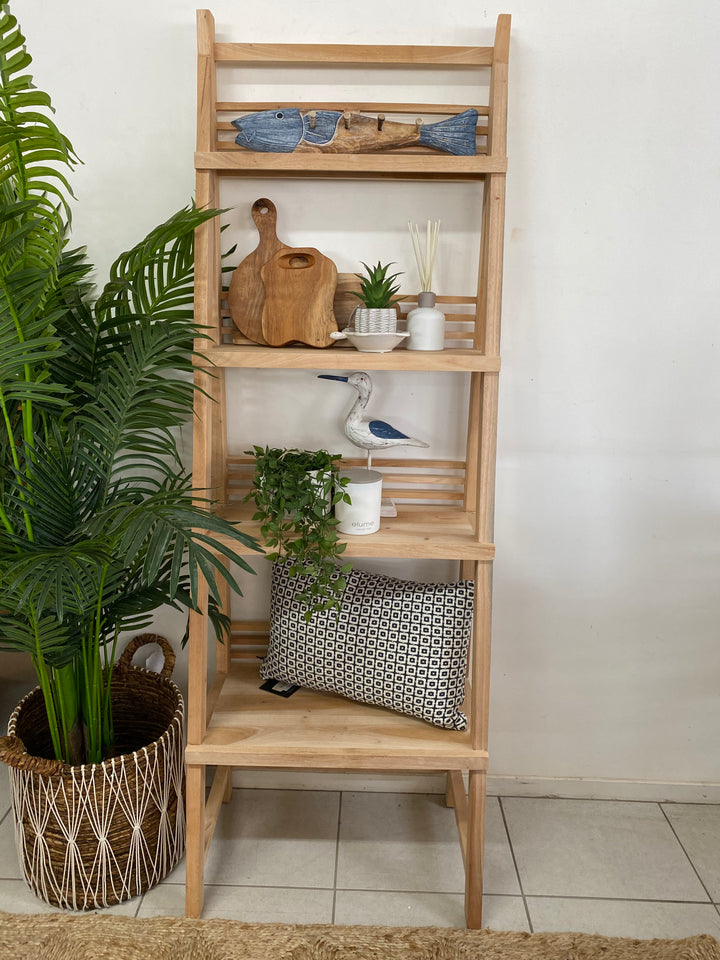 compact size raw timber ladder style bookcase