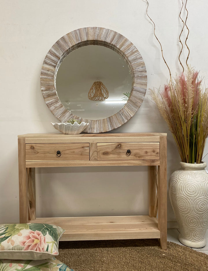 Natural timber console table with 2 drawers.