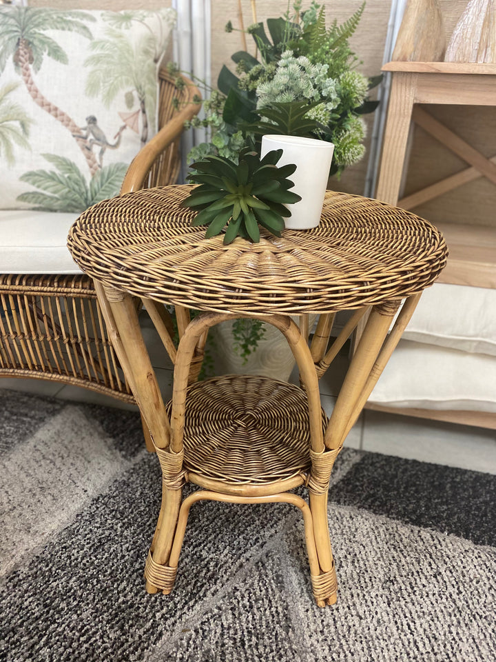Antique glaze fine weave cane side table with lower shelf