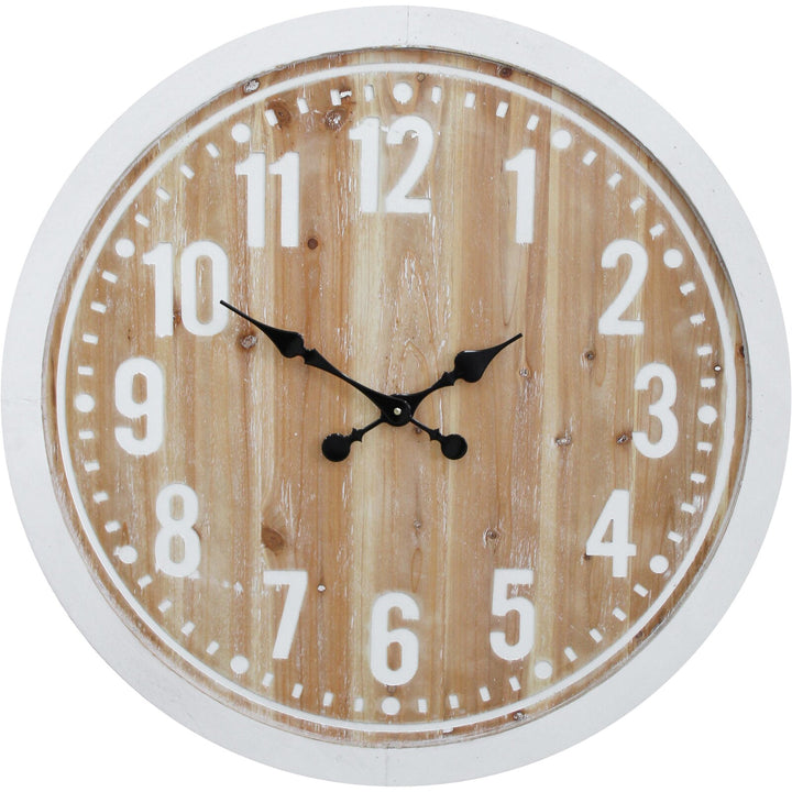 natural timber face with white wash frame and numbers with black hands clock