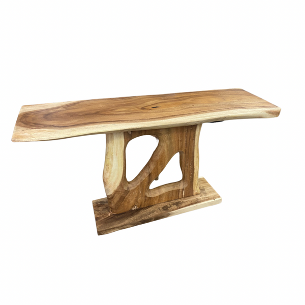A suar wooden console table with a natural root base and wax finish.