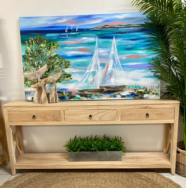 3 drawer timber console with natural timber finish