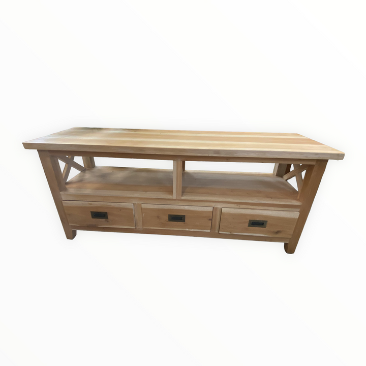 A mahogany timber entertainment unit with two side shelves and three drawers, featuring a classic design with a plain background.