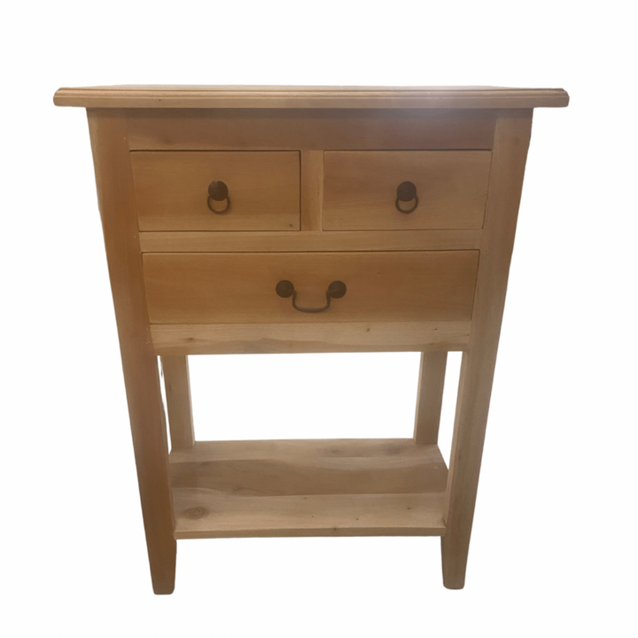 natural mahogany timber hall table with 3 drawers and a shelf
