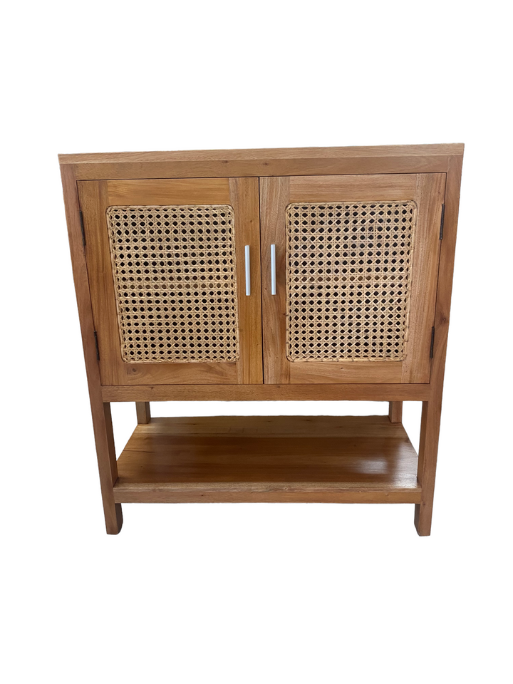 Wooden two-door cabinet with rattan mesh inlays, showcasing a blend of natural texture and clean, modern lines