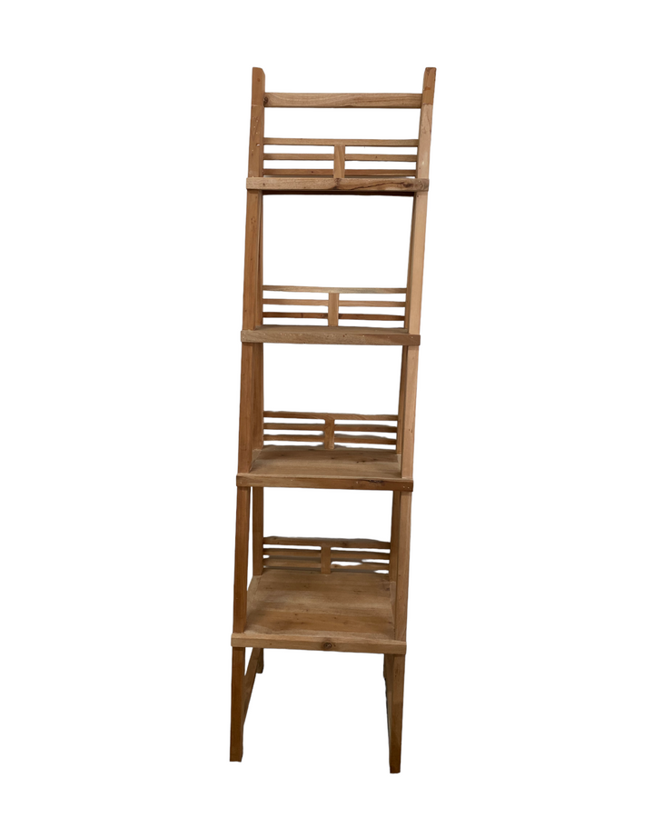 Mahogany timber ladder style bookshelf with four open shelves