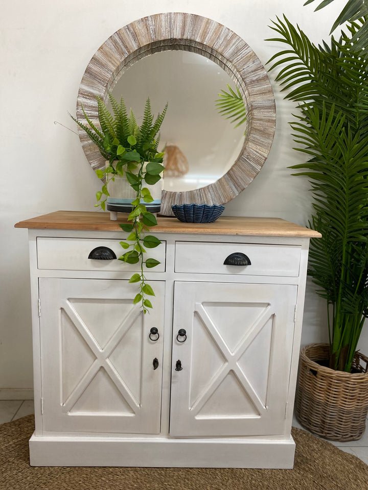 Round mirror 80cm diameter on a timber console