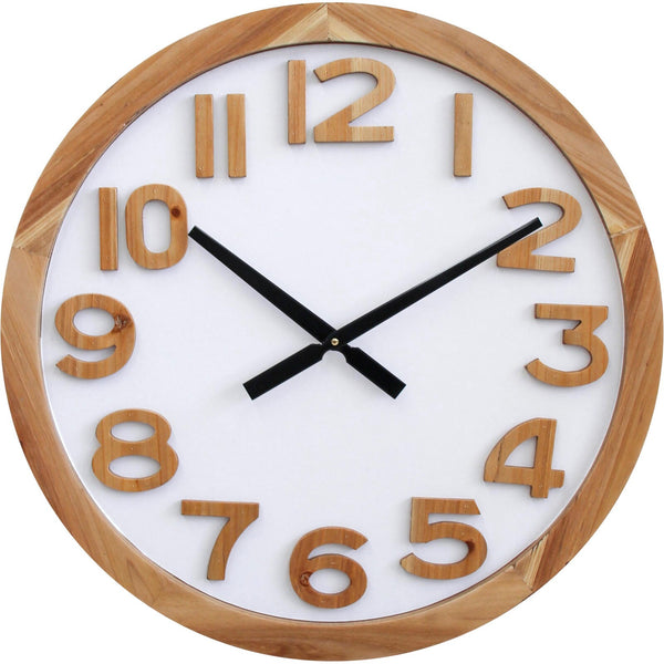 A round timber framed clock with a white face and timber numbers, with black hands