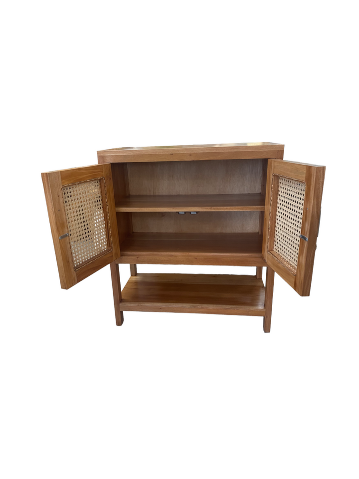 Timber two-door cabinet with mesh rattan inlay panels on the doors, featuring a natural wood finish and minimalist design