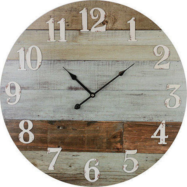 A wall clock with a vintage design, featuring weathered wooden boards in a circular frame, displaying time with black hour, minute, and second hands against a neutral background.