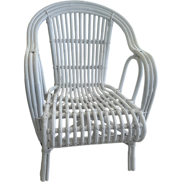 A white hand-crafted cane chair with a solid pattern and no visible cushions or additional decorations.