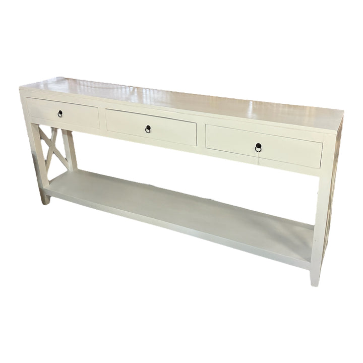Narrow 3 drawer white timber entry table with drawers
