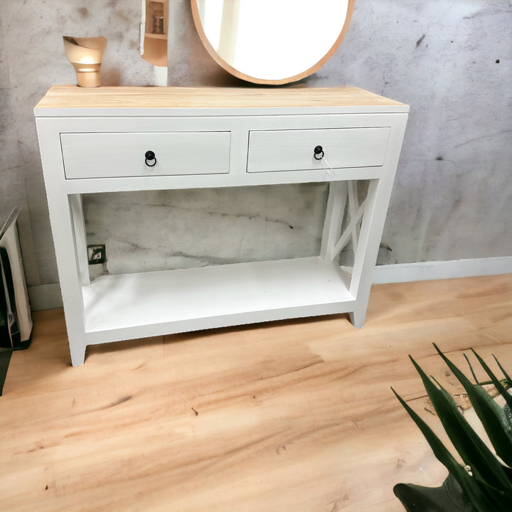 white and natural timber entry table